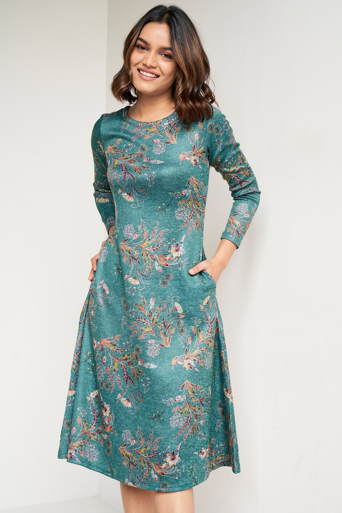 Green Floral Flared Dress, Green, image 1